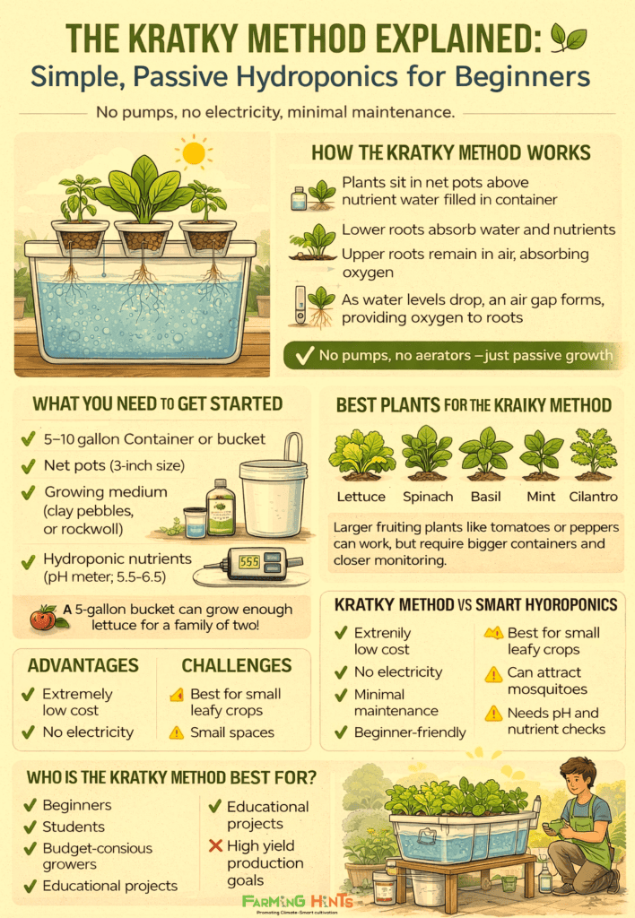 Beginner Kratky hydroponics setup on a balcony table showing net cups, nutrient water level, and exposed root zone.