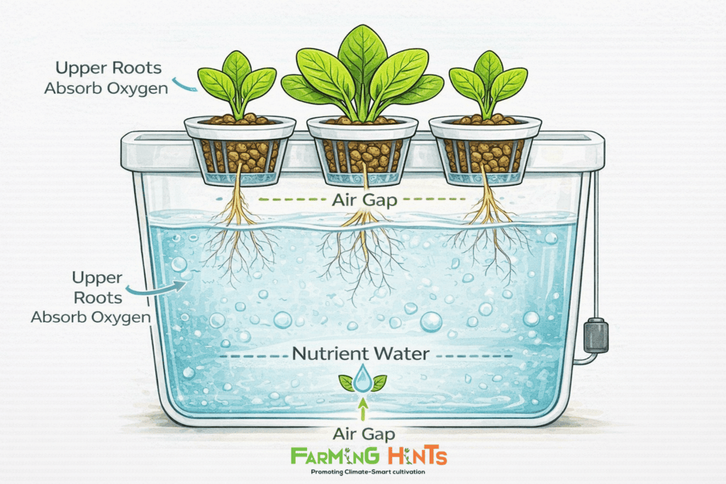 Kratky method hydroponics diagram showing net pots, nutrient water level, and upper and lower root zones.