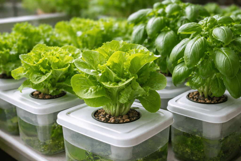 Close-up of fresh green lettuce and basil growing in a Kratky hydroponics setup with roots submerged in nutrient solution