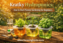 Kratky Hydroponics: How to Start Passive Gardening for Beginners "Kratky hydroponic setup with lettuce, tomato, and basil growing in jars of nutrient solution on a wooden table, beginner-friendly passive gardening method."