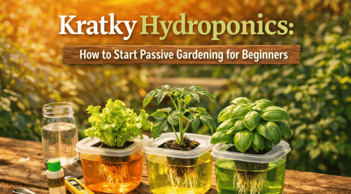 Kratky Hydroponics: How to Start Passive Gardening for Beginners "Kratky hydroponic setup with lettuce, tomato, and basil growing in jars of nutrient solution on a wooden table, beginner-friendly passive gardening method."