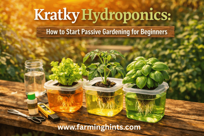 "Kratky hydroponic setup with lettuce, tomato, and basil growing in jars of nutrient solution on a wooden table, beginner-friendly passive gardening method."