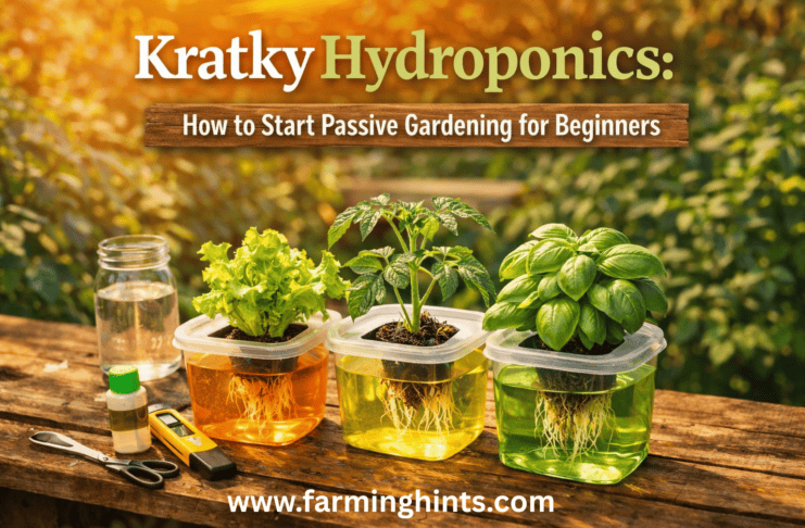 "Kratky hydroponic setup with lettuce, tomato, and basil growing in jars of nutrient solution on a wooden table, beginner-friendly passive gardening method."